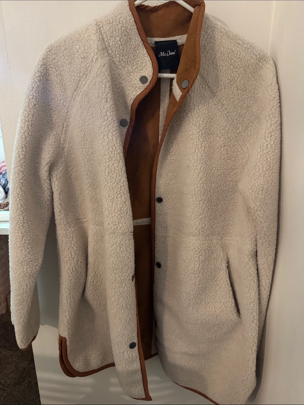 Cream Sherpa Jacket with Brown Trim Reversible Faux Suede